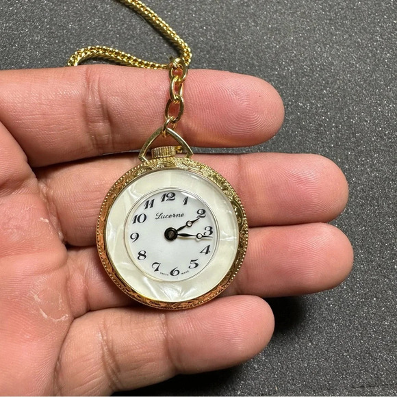 Lucerne Gold Tone Mother Of Pearl Mechanical Wind Up Pocket Watch Not Working - Picture 1 of 10
